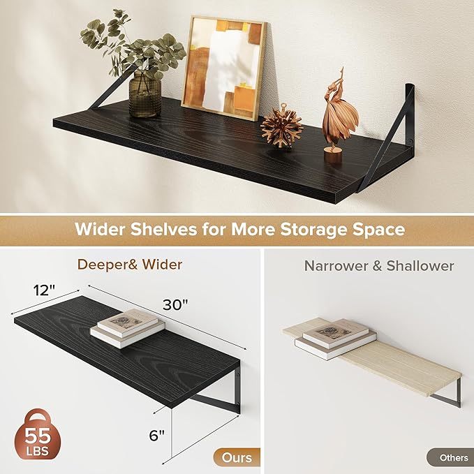 Deep Floating Shelves Wall Mounted, 30"x12" Black Wall Shelves with Brackets Set of 2 for Bedroom, Living Room, Bathroom, Kitchen, Office - Storage & Display Shelf for Decor, Books, Plants