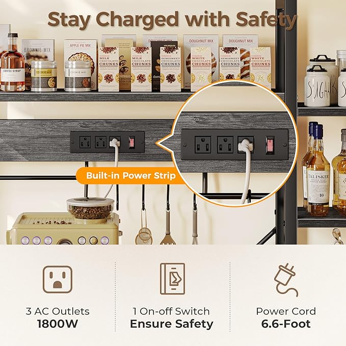 SUPERJARE Larger Bakers Rack with Power Outlets, 6-Tier Microwave Stand, Coffee Bar with 12 S-Shaped Hooks, Kitchen Shelf with Wire Basket, 47.2 x 15.5X 66.9 Inches, Grey