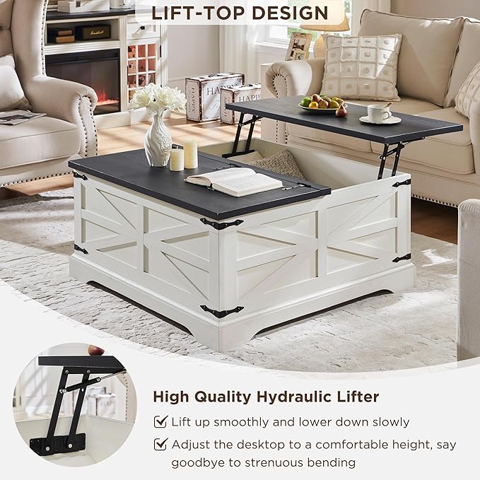 JXQTLINGMU Farmhouse Lift Top Coffee Table with Storage, 36" Wood Square Center Table with Large Hidden Compartment, Rustic Lift Tabletop Dining Table for Home Living Room, White