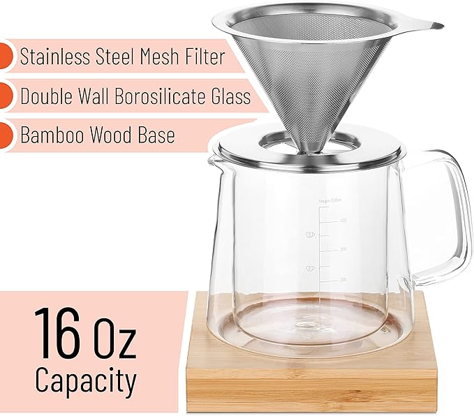 Brew To A Tea BTaT- Pour Over Coffee Maker Set, Double Wall Glass, 16 oz, Drip Coffee Maker Pour Over, Permanent Filter