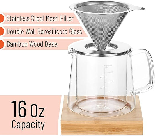 Brew To A Tea BTaT- Pour Over Coffee Maker Set, Double Wall Glass, 16 oz, Drip Coffee Maker Pour Over, Permanent Filter
