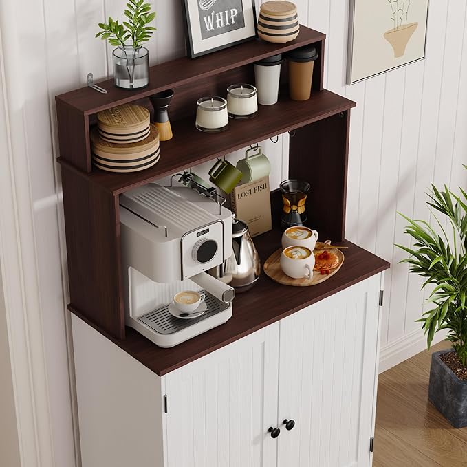 MHOM Farmhouse Bar Cabinet with Storage, Coffee Station Cabinet with 5 Hooks, Small Coffee Bar for Kitchen & Living Room, Antique White