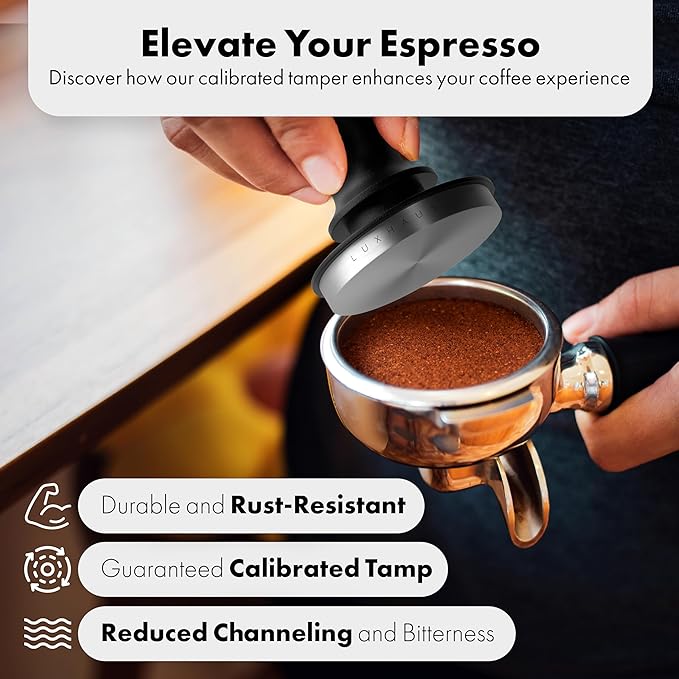 LuxHaus Calibrated Level Tamper for Espresso Machine with Spring Loaded 100% Flat Stainless Steel Base (53mm)