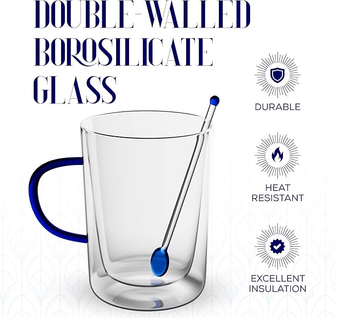 Elle Decor Double Wall Glass Coffee Mugs with Spoons | Set of 2 | Glass Cups with Colored Handles | Clear Coffee Mugs for Latte, Cappuccino, Espresso Coffee, Tea and Hot & Cold Beverages (Blue)