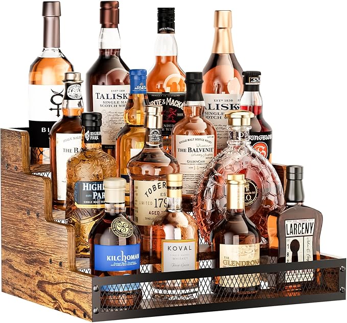 Yuzehuaza 4 Step Countertop Liquor Bottle Display Shelf, Wood Bar Shelves 16 Bottles with Fences, Freestanding Storage Shelves for Liquor Whiskey Wine Coffee Syrup Display, Retro Wine Rack Home