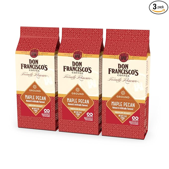 Don Francisco's Maple Pecan Ground Coffee, Medium Roast – 100% Arabica, Seasonal Flavored Coffee, 3-Pack of 12 oz Bags
