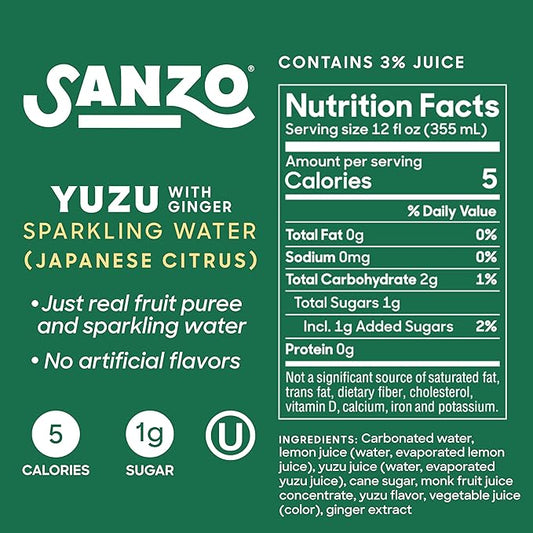 Sanzo Flavored Sparkling Water - Yuzu Lemon Seltzer (with Ginger) - Low Calorie Low Sugar Soda - Craft Asian Drinks - Vegan Gluten Free Carbonated Flavored Water - Fizzy Healthy Drinks - 12oz, 12 Pack
