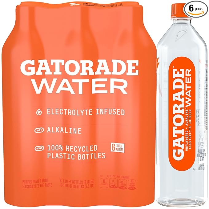 Gatorade Water, Electrolyte Infused for Great Taste, Alkaline PH 7.5 or higher, Unflavored, 1L (Pack of 6)