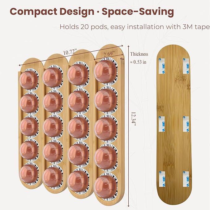 Bamboo Coffee Pod Holder, Adhesive Wall Mount (No Drilling) for Inside Cabinet Door, 20-Capsule Storage (Set of 4), Vertical & Horizontal, Compatible with Nespresso Vertuo Line-Bamboo Brown