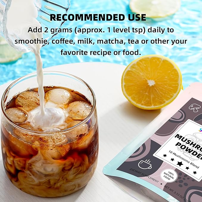 Mushroom Powder, 10-in-1 Mushroom Blend for Coffee, Smoothies & Drinks - Natural Focus, Energy Booster & Immune Support Supplement - 3.53 oz / 100g
