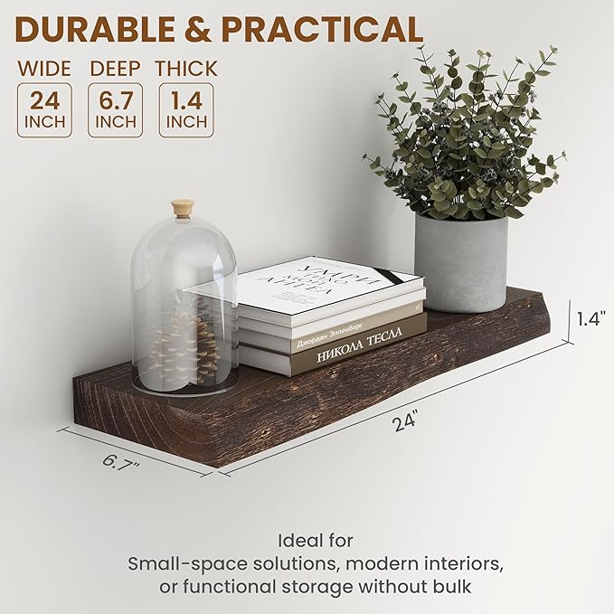 24 Inch Live Edge Floating Shelves for Wall 2 Pack Shelves for Bedroom, Bathroom, Kitchen, Wall Mounted Rustic Solid Elm Wood Floating Shelf with Invisible Bracket for Books, Decor, Storage, Walnut