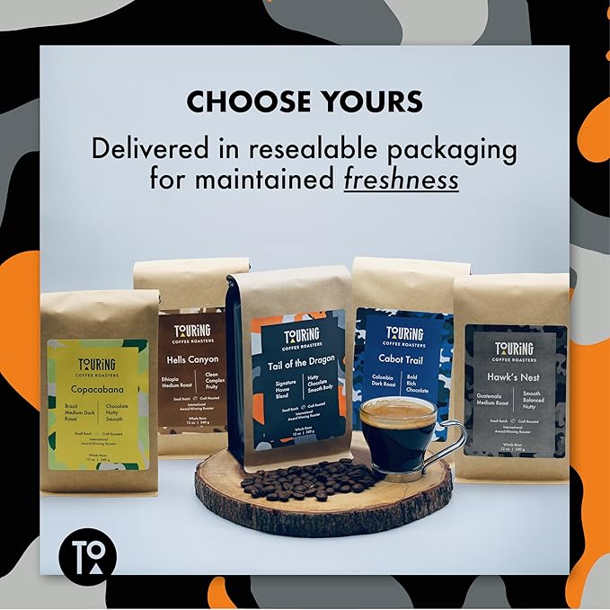 Touring Coffee Roasters Tail of the Dragon Signature Blend Coffee Whole Beans Dark Roast – Grown in Sumatra, Colombia and Guatemala, Chocolate, Nutty, Earthy, Natural Sun Dried – 12oz