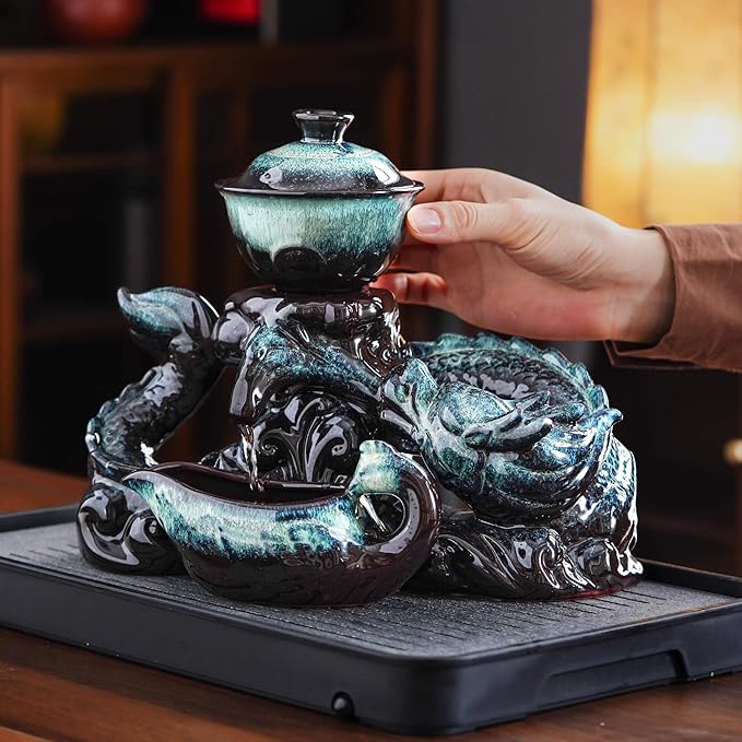 Semi Automatic Tea Set Ceramic Teapot with Infuser Magic Teapot with 8 cups Gradient Color (Gradient Dragon- D)
