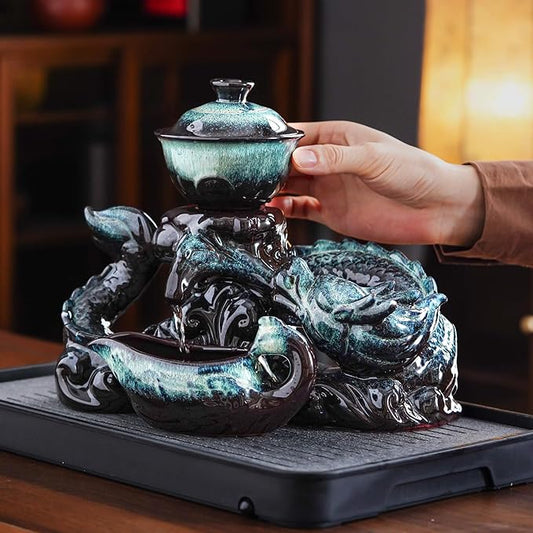Semi Automatic Tea Set Ceramic Teapot with Infuser Magic Teapot with 8 cups Gradient Color (Gradient Dragon- D)