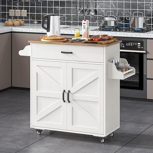 Mobile Multi-Function Kitchen Island Cart with Storage, White Cabinets, Drawers & Counter Block, Featuring a Portable Microwave and Coffee Bar on Rolling Wheels