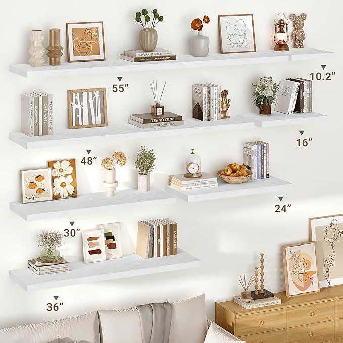 Vivelove 10 in Deep Floating Shelves for Wall, 47.2" x 10.2" x 1.5" Shelves for Room Wall Mounted, 1.5 Inch Thick Shelf for Bathroom Bedroom Kitchen Book Room, Modern Farmhouse Decor, Set of 2, White