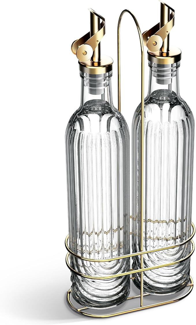 COOK WITH COLOR Glass Olive Oil Bottle Dispenser - 2 Pack- 17oz Oil and Vinegar Cruet - Olive Oil Carafe Decanter for Kitchen, Elegant Fluted, Clear