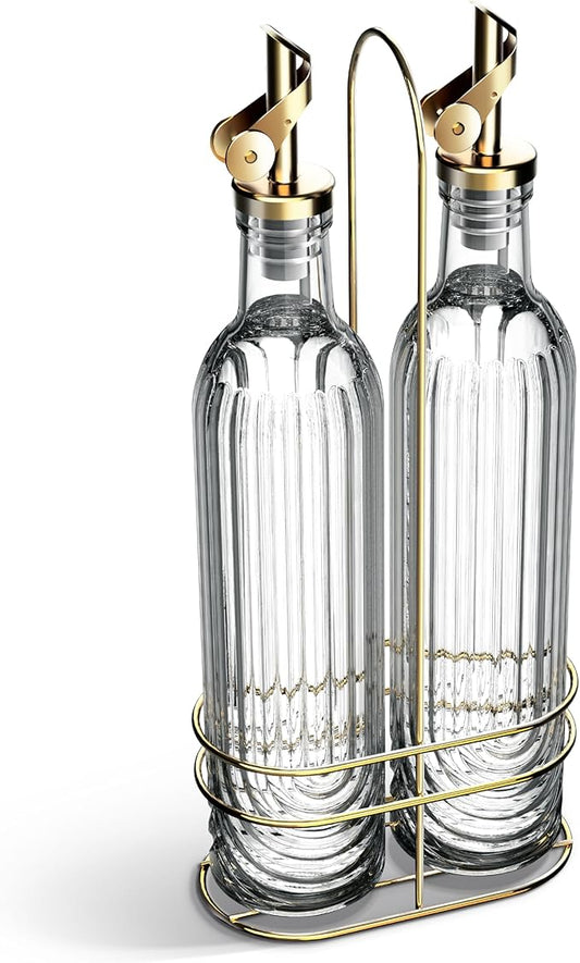 COOK WITH COLOR Glass Olive Oil Bottle Dispenser - 2 Pack- 17oz Oil and Vinegar Cruet - Olive Oil Carafe Decanter for Kitchen, Elegant Fluted, Clear