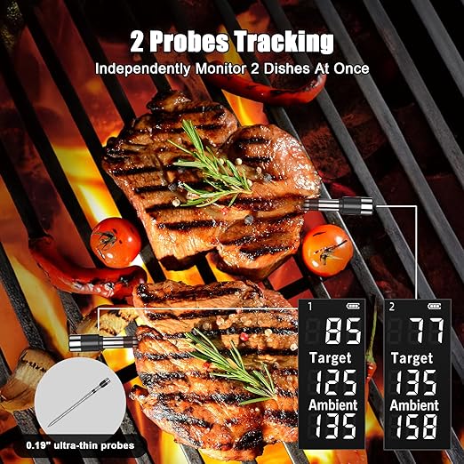 Smart Wireless Meat Thermometer with 2 Probes & 800Ft Bluetooth Range, Grill Thermometer with Standalone Base, NIST Certified ±0.5°F Accuracy, Digital Backlit Screen for Oven, BBQ, Smoker, Kitchen
