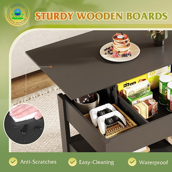 WLIVE Coffee Table, Lift Top Coffee Table with 2 Drawers, Large Storage and Open Shelf, Lift Tabletop for Living Room, Black