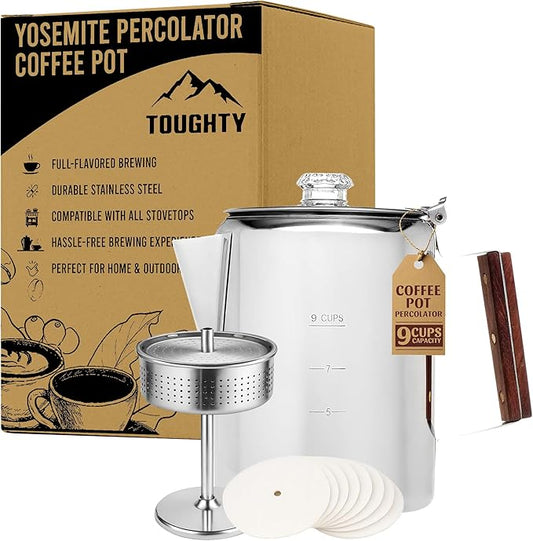 Toughty Yosemite Percolator Coffee Pot – Classic Stovetop Coffee Maker for Camping, Hiking & Home, Durable Stainless Steel Pot, Compatible with All Stovetops – Old-Fashioned 9-Cup Percolator, Silver