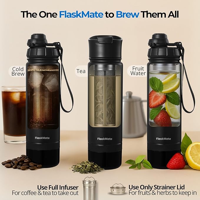 Coffee & Cold Brew Travel Bottle – 18oz Insulated Flask with French Press-Style Brewing, Hidden Storage & Dual Lids – For Hot & Cold Drinks – FLASKMATE All-in-One System (Midnight Black)