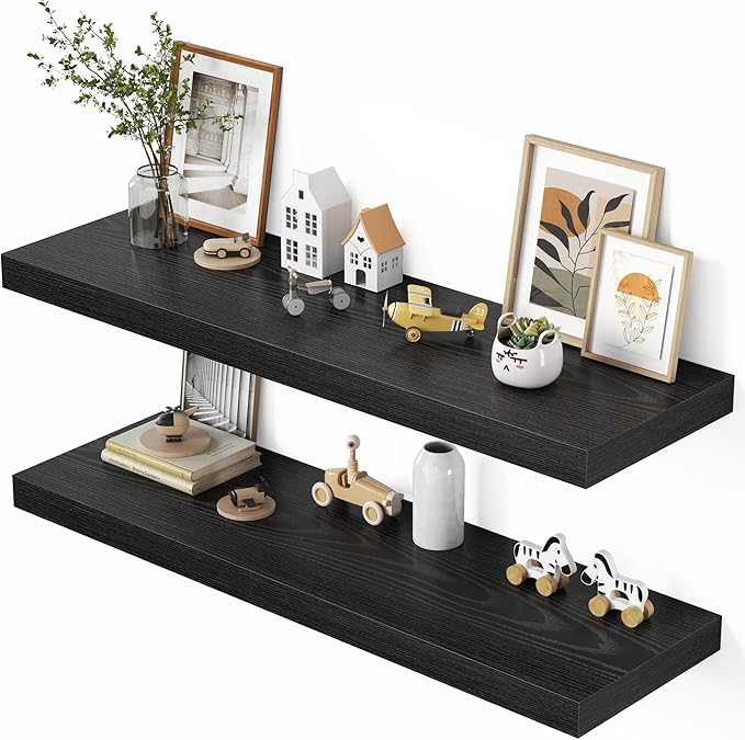 Dreamland 48" Floating Shelves for Wall, 12" Deep Thicker Black Floating Shelves, Wall-Mounted Shelves for Bedroom, Living Room, Kitchen, Bathroom - Set of 2