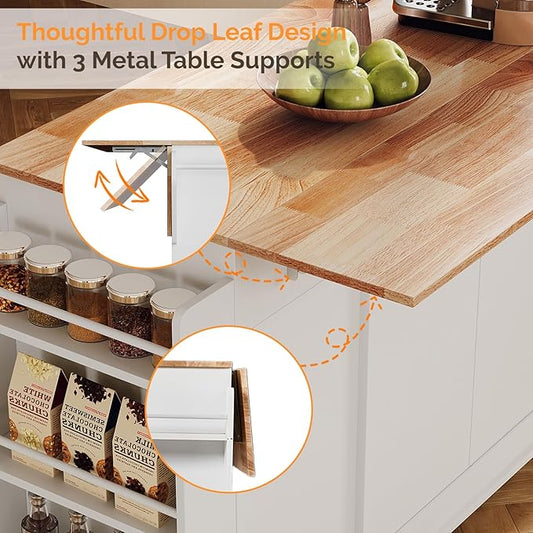 VINGLI Fluted Kitchen Island Cart on Wheels with Storage, Folding Rolling Kitchen Island with Drawers, Small Portable Island Table with Extendable Rubber Wood Top, White