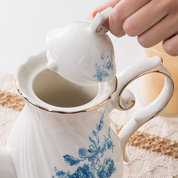 tea pot ceramic, Porcelain teapot with lid, 38.8 Oz for Tea, Milk, Coffee, Flower tea(Blue)