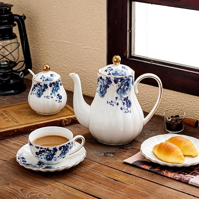 ceramic tea cup and saucer set of 4,floral teacup sets for Coffee, Latte, Cafe Mocha and Tea (Dark blue flowers)