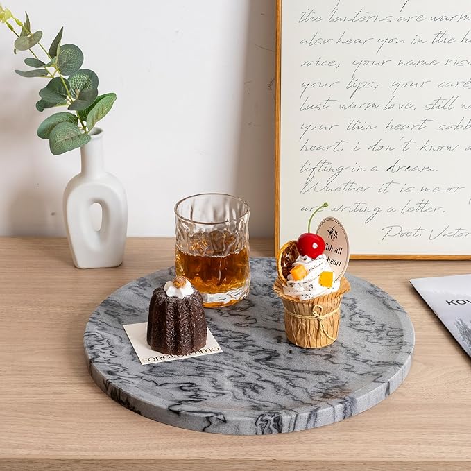 Natural Marble Tray, 11.8in Serving Tray for Fruit, Round Decorative Vanity Dish for Jewelry&Key, Quality Storage Plate for Kitchen Coffee Table and Bathroom Desktop, Monte Grigio