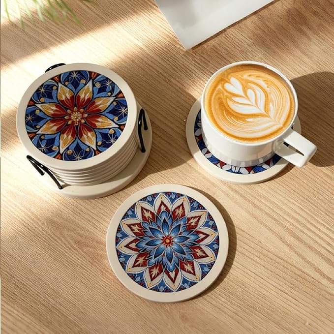 Indigo Floral Non-Slip Silicone Coasters, 4-Pack Double-Sided Absorbent Cup Mats for Hot & Cold Drinks, Scratch & Water Ring Protection for Wood Tables, Home Office Bar Use (6PC Wanda La)