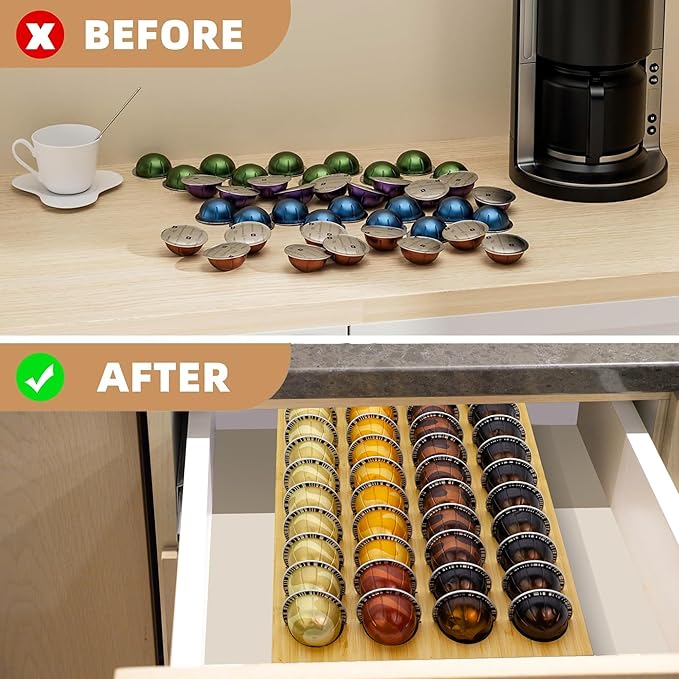 MinBoo Bamboo Coffee Capsule Storage Drawer Tray, Drawer Insert Organizer Holds 40 Pods, Compatible with Coffee Pod Capsules, Suitable for Kitchen, Home, Office,Small