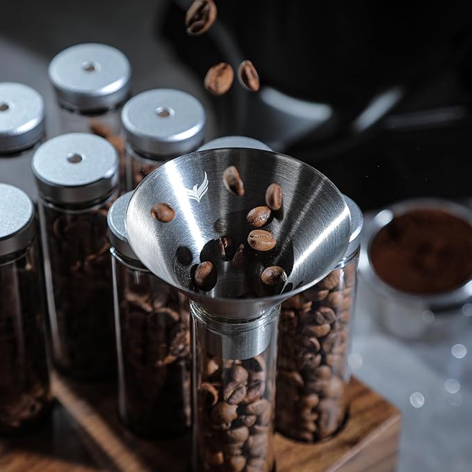 Single Dose Coffee Bean Storage Tubes Espresso Bean Cellar 12pcs One-Way Exhaust Valve Lids Glass Dosing Vials With Walnut Stand & Stainless Steel Funnel
