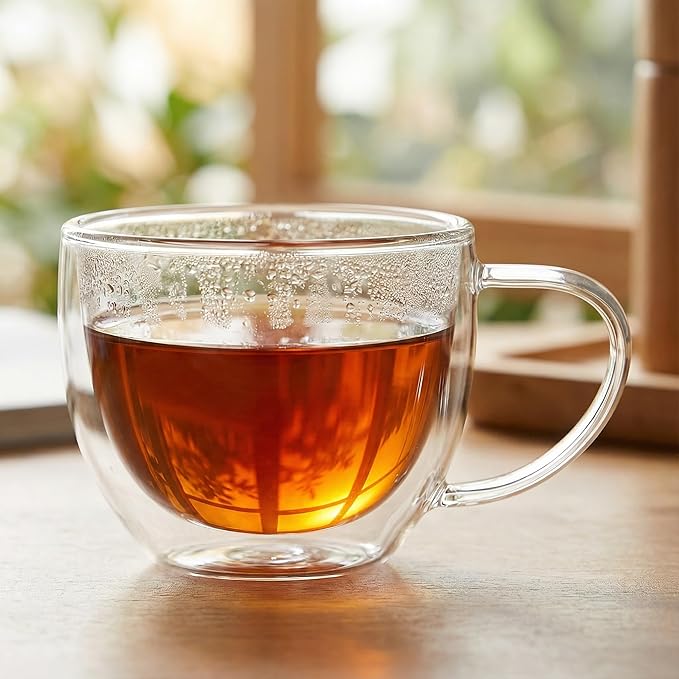 Double Wall Glass Coffee Mugs Set of 2, 6.76 oz Clear Insulated Cups with Handle for Espresso and Tea