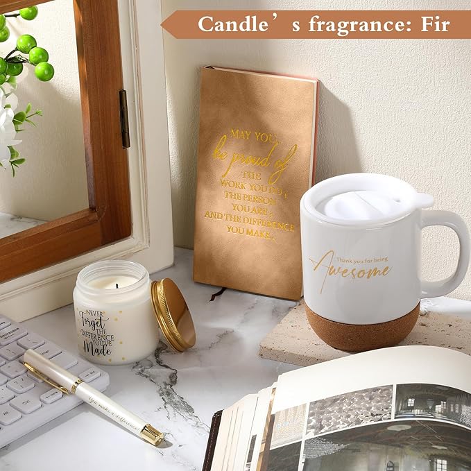 4 Pcs Thank You Gift for Women Men Employee Coworker Inspirational Appreciation Gifts Notebook Coffee Mug Scented Candle Pen Gift for Valentine's Day Team Office Staff Nurse Volunteer(Khaki)