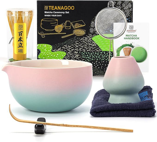 TEANAGOO Matcha Whisk Set Pink,Ceremony Matcha Set Kit Grident Pink,Matcha Tea Set for Making Breakfast/Latte,7 Pcs Matcha Whisk Set and Bowl with All Accessories,Gift for Family/Friend