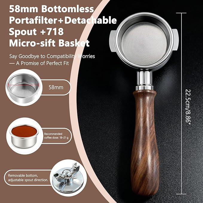 Espresso Accessories, 58mm Bottomless Portafilter with Detachable Double Spout, Dual-Layer Micro-Sift Basket (718 Holes), Walnut Wood Handle, Fits E61 Group Head Espresso Machines