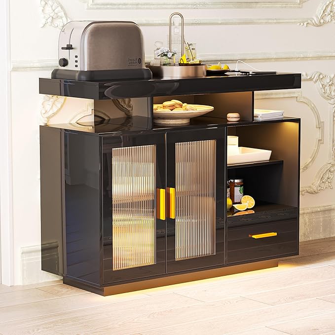 40" Wood LED Coffee Bar with Wireless Charging Station, Storage Coffee Bar Cabinet with 2 Doors and Shelves