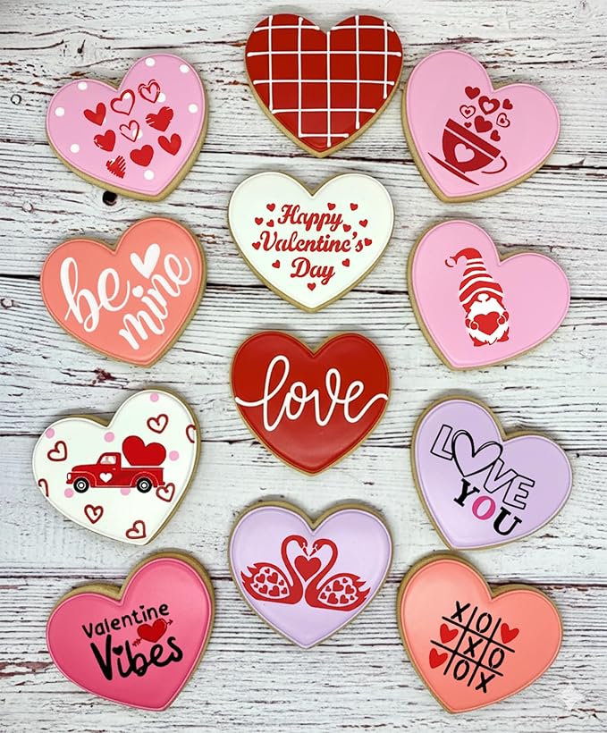 Happy Valentine's Day Cookie Stencils Decorations Set, 12-Pack Reusable Valentine's Day Heart Love Designs for Baking Decoration Tools for Cookies, Royal Icing, Cakes, Coffee & Crafts