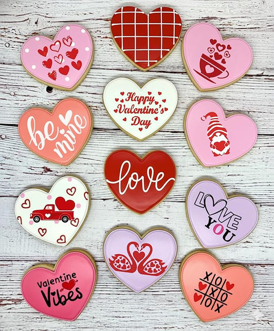 Happy Valentine's Day Cookie Stencils Decorations Set, 12-Pack Reusable Valentine's Day Heart Love Designs for Baking Decoration Tools for Cookies, Royal Icing, Cakes, Coffee & Crafts