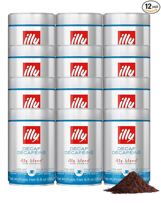 illy Decaf Ground Espresso Coffee, Classico Decaffeinated Medium Roast, 100% Arabica, Premium Italian Coffee, Pre-Ground for Espresso Machines, 8.8oz, 12 Pack