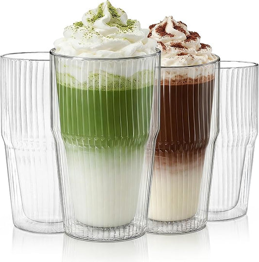 KEMORELA 16 oz Set of 4 Ribbed Glass tumbler,Double Wall Iced Coffee Cups with Lids,Coffee Bar Accessories, Insulated Borosilicate Glass Tumblers, To Go Coffee Cups, Spill proof