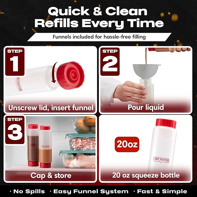 Chef Master Squeeze Bottles for Sauces (20oz) - Inverted, FIFO Refillable Bottle - Condiment Squeeze Bottles for Liquids, Sauces, Batter & Dressing - Made for Restaurants, Diners & Food Trucks - 90291