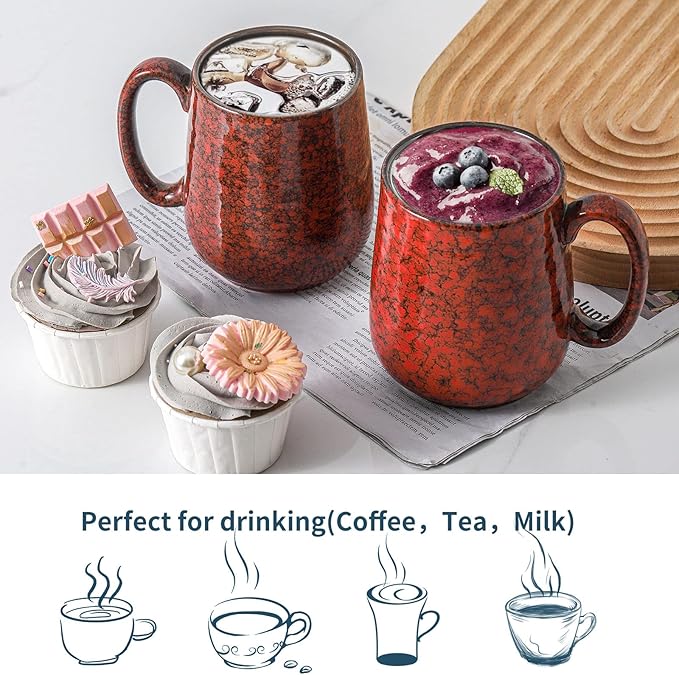 Hasense Large Coffee Mugs Set of 2, Ceramic 20 oz Coffee Cups for Office and Home, Modern Coffee Mug with Big Handle for Latte Coffee Tea Soup as Friend Gifts, Dishwasher and Microwave Safe, Red
