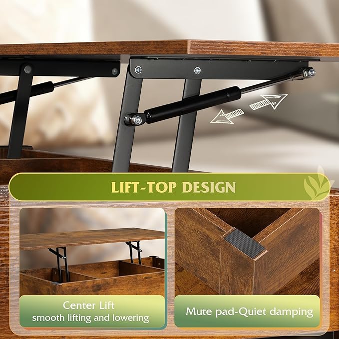 WLIVE Coffee Table, Lift Top Coffee Table with 2 Drawers, Large Storage and Open Shelf, Lift Tabletop for Living Room, Rustic Brown