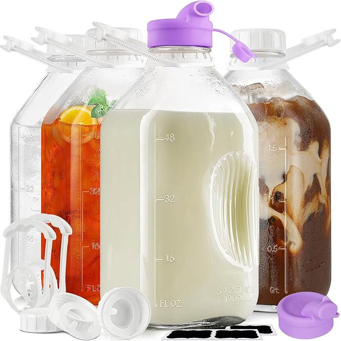 4 Pack 64 Oz Heavy Duty Glass Milk Bottle with 1 Silicone Spout and 5 Reusable Airtight SCREW LID, 2 Qt Glass Water Bottle with 2 Exact Scale Lines - Milk/Juice Jug Pitcher