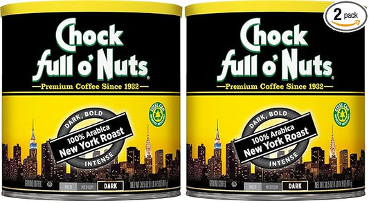Chock Full o'Nuts Coffee, Dark Roast Ground | New York Roast | Arabica Beans | 30.5 Oz Can | Pack of 2