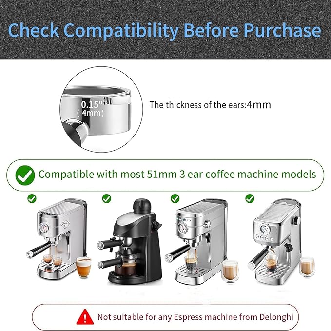 51mm Bottomless Portafilter & Puck Screen, Compatible for CASABREWS Espresso Machine CM5418, 3700 Series, Mr. Coffee Espresso and Cappuccino Machine, Includes 304 Stainless Steel Filter Basket, 3Ear