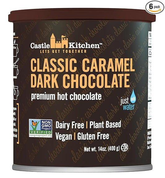 Castle Kitchen Classic Caramel Dark Chocolate Premium Hot Cocoa Mix - Dairy-Free, Vegan, Plant Based, Gluten-Free, Non-GMO Project Verified, Kosher - Just Add Water - 14 oz (Pack of 6)
